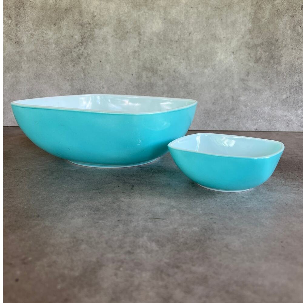 PYREX Square Chip & Dip Bowl set vintage retro turquoise 025 MCM USA Made